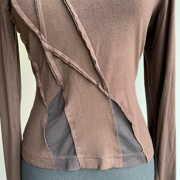 Long Sleeve Tee Dressy. Top Sheer Neck, Raw Seems, Flattering Criss Cross - Picture 4 of 10